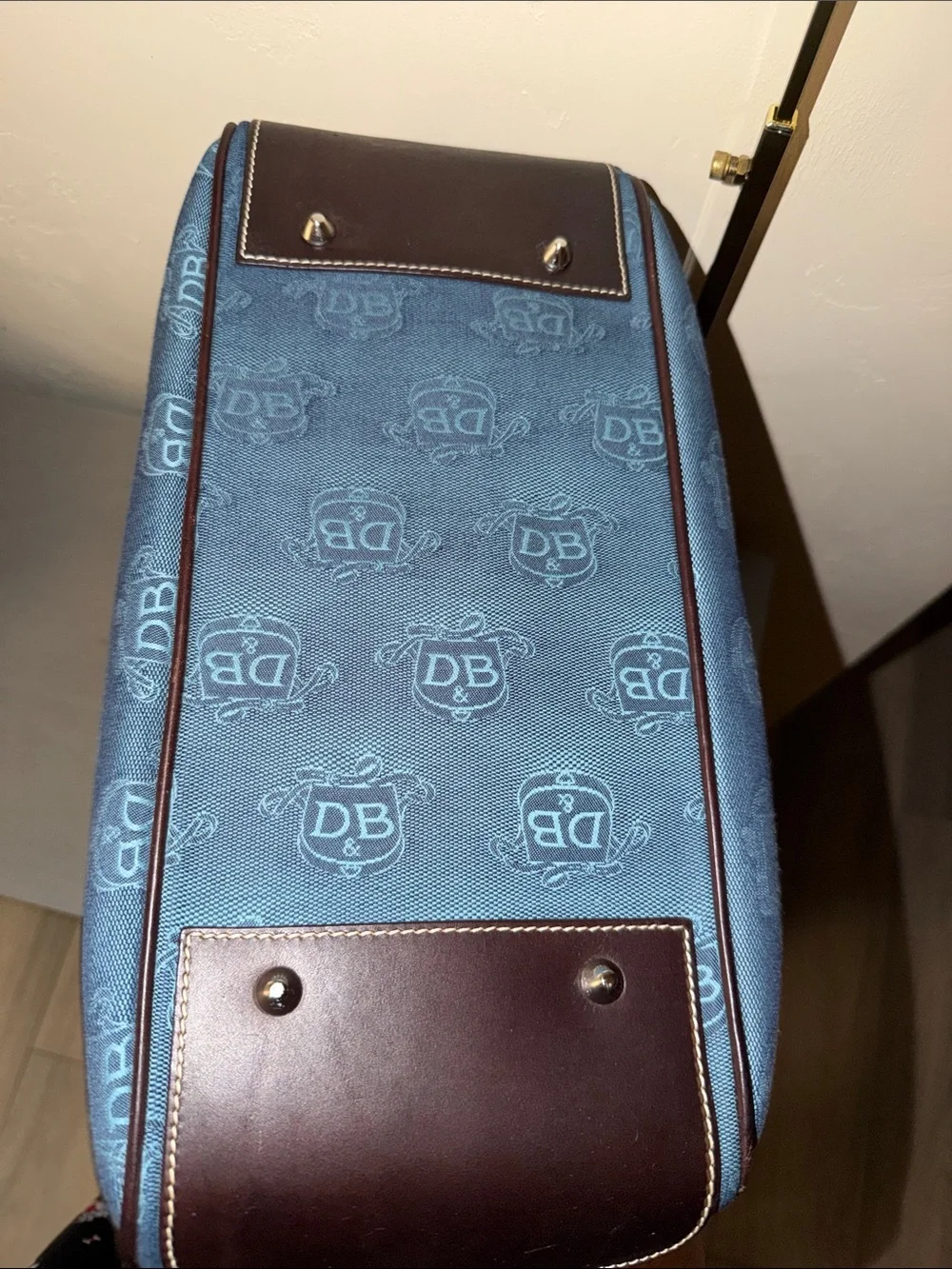 Dooney & Bourke Blue Canvas Duffel with Brown Leather Trim